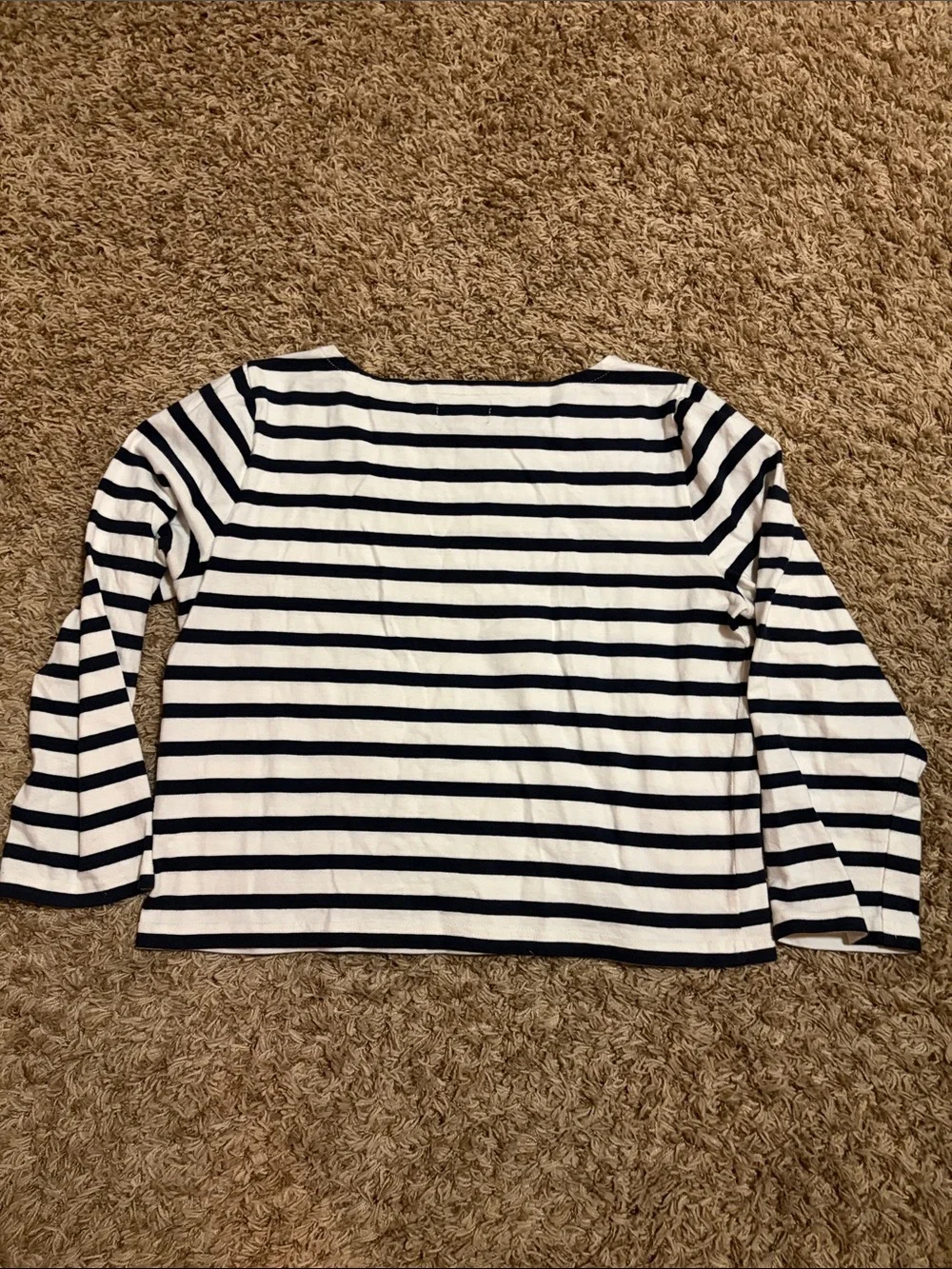 J Crew Striped Navy and White Bell-Sleeve Top Size L